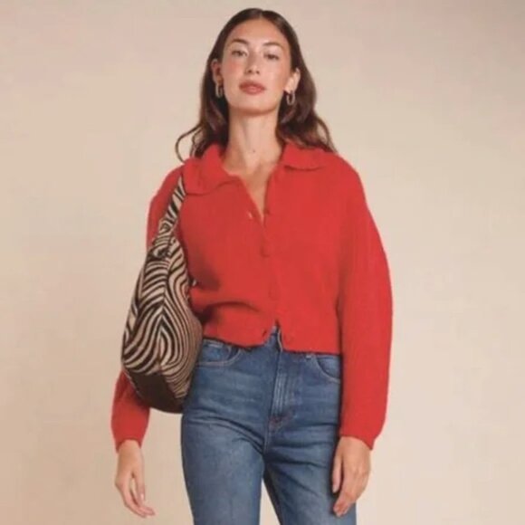 Rouje Paris Nisrine Red Alpaca Cardigan Collared Sweater - FR 40 / US 8